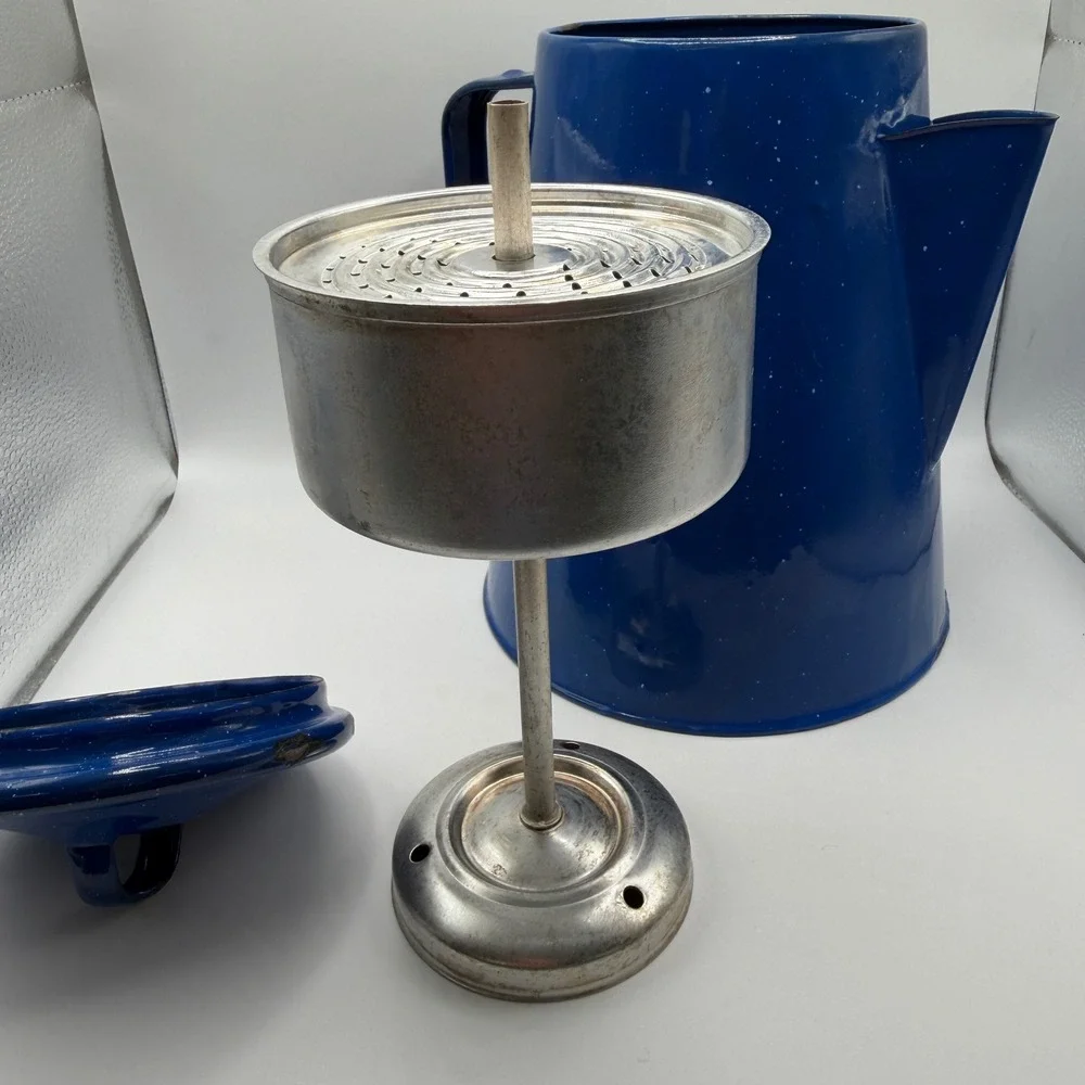 Vintage Blue Graniteware Speckled Enamel Coffee Pot  Farmhouse Decor